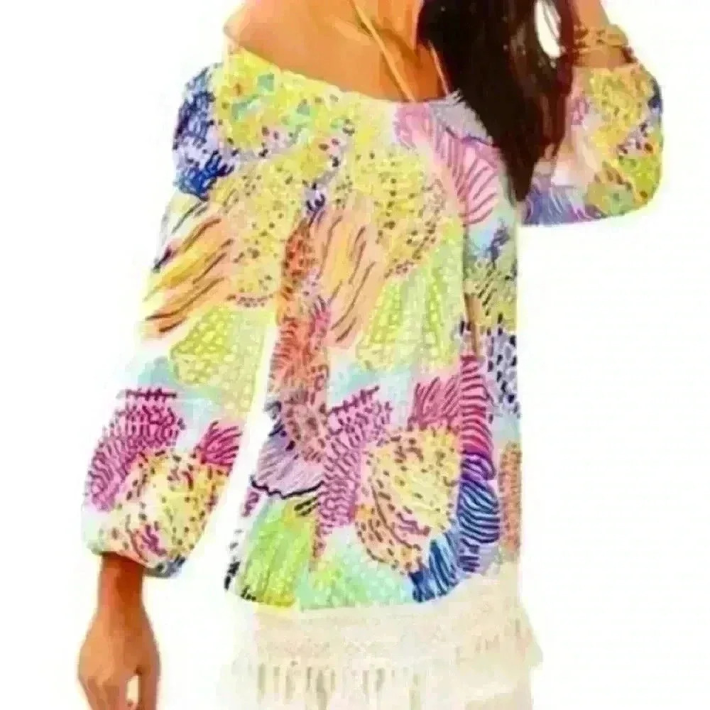 Lilly Pulitzer Alia fringe bottom off the shoulder 100% cotton tunic top S
